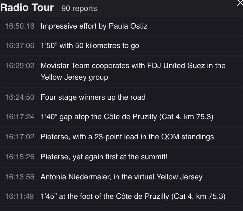 The Radio Tour log listing the reports published so far, newest first, with crashes highlighted.